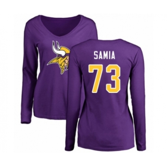 Football Women's Minnesota Vikings #73 Dru Samia Purple Name & Number Logo Slim Fit Long Sleeve T-Shirt - Jersey