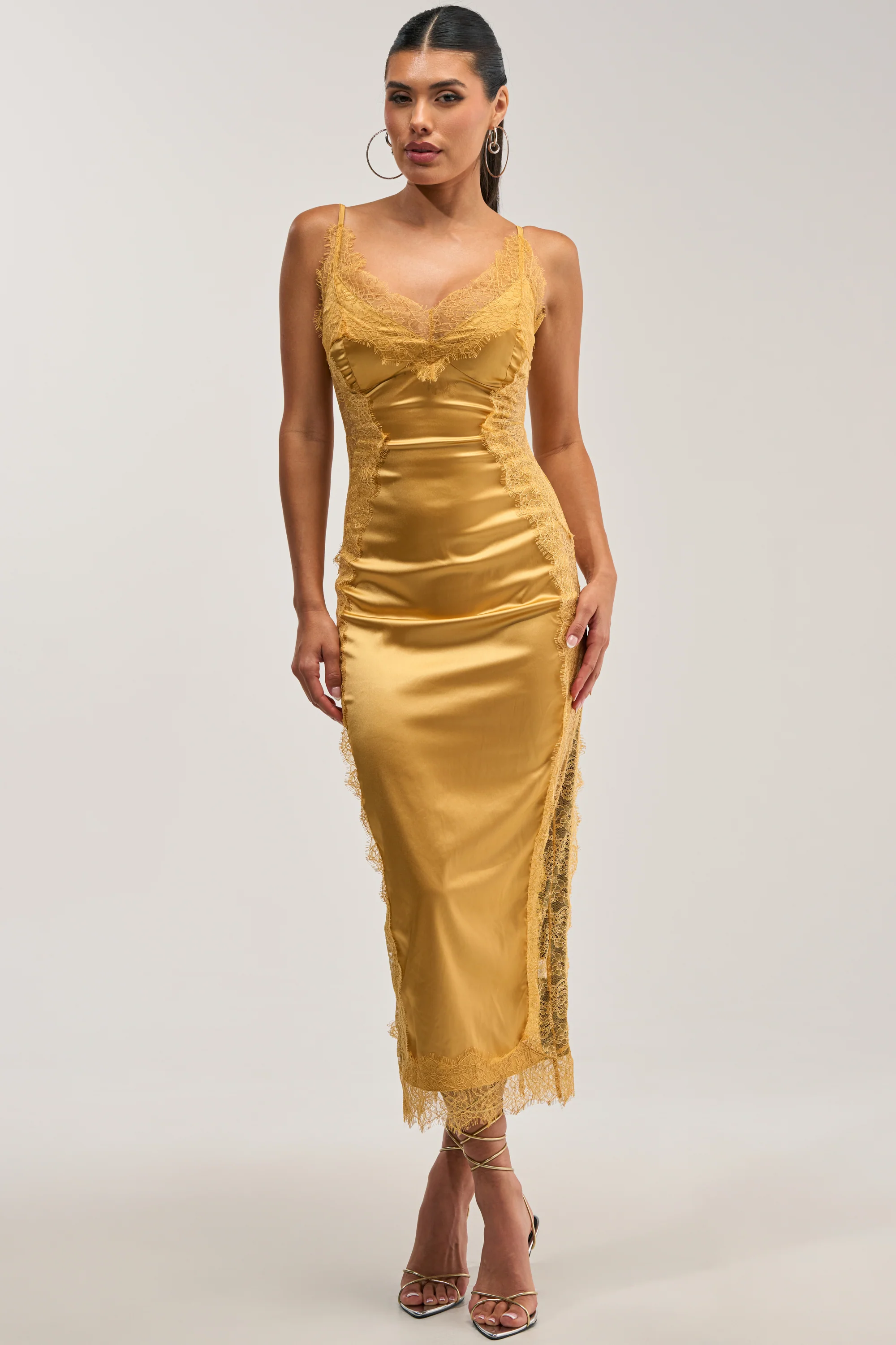 ESSENTIAL LACE TRIM SATIN SLEEVELESS MIDI DRESS IN GOLD - Akira Wear
