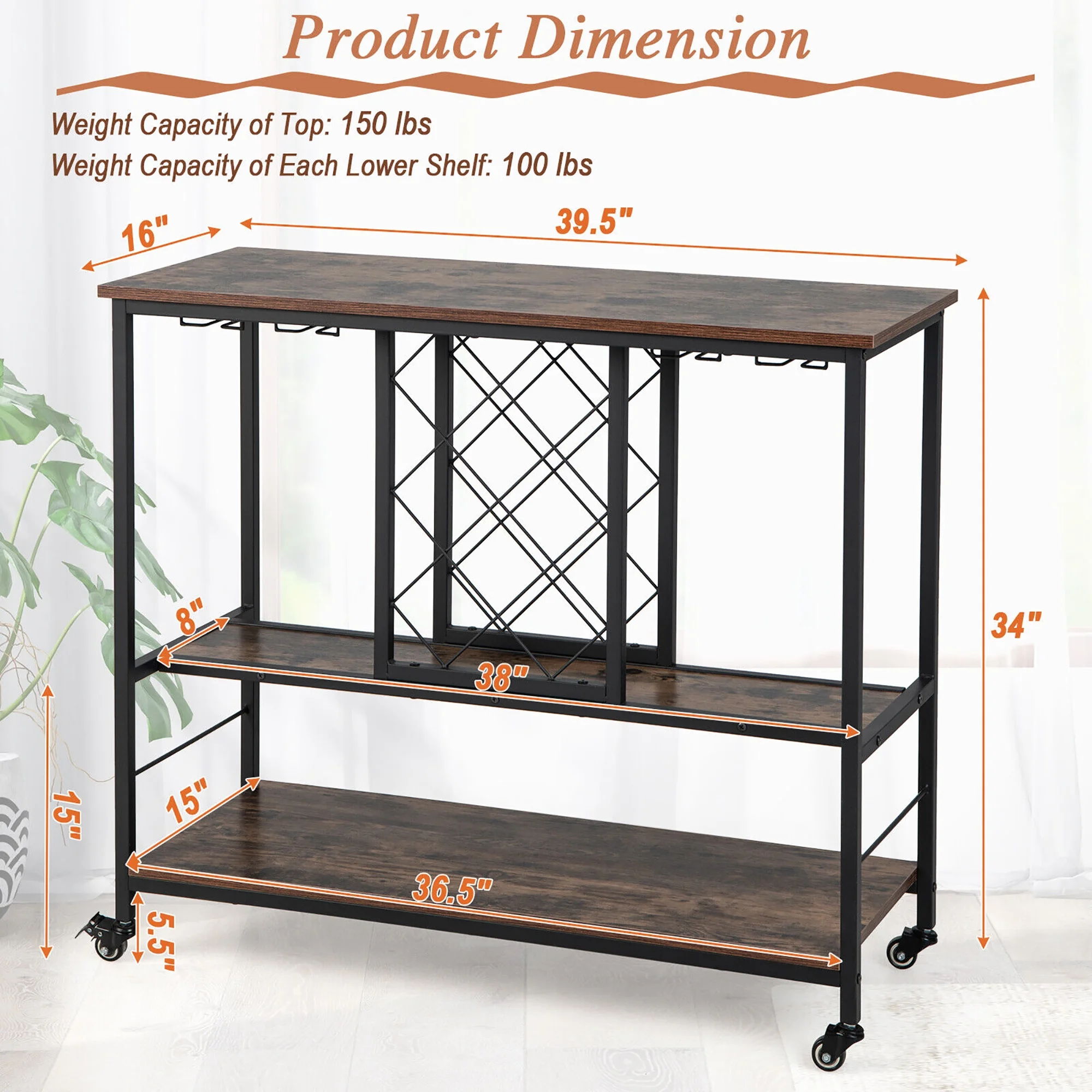 Gymax Industrial Liquor Bar Cart Rolling Kitchen Serving Cart w/ Wine Rack Glass Holder