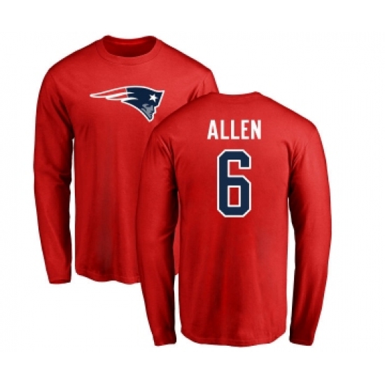 Football New England Patriots #6 Ryan Allen Red Name & Number Logo Long Sleeve T-Shirt - Jersey
