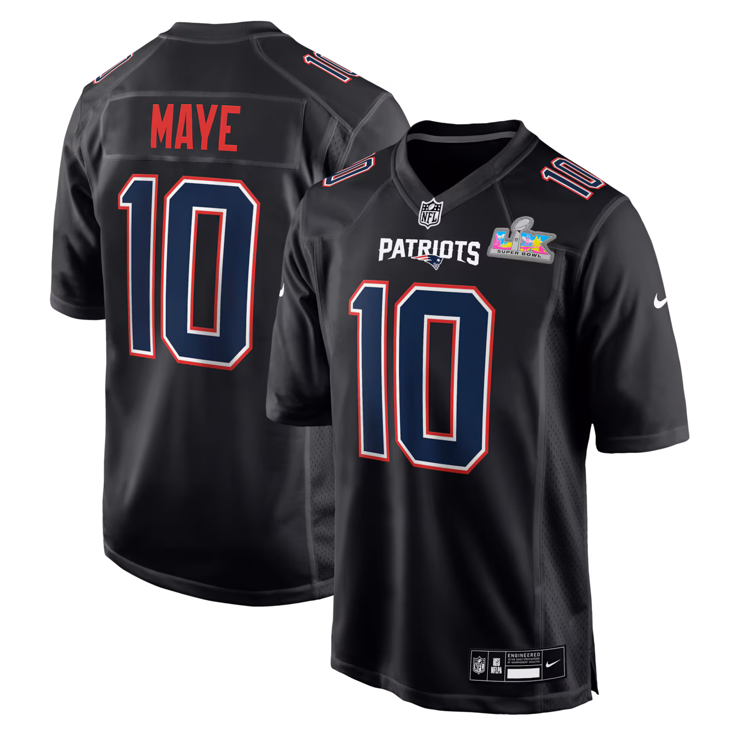 Men's New England Patriots Drake Maye Nike Black Super Bowl LX Patch Carbon Fashion Game Jersey - Jersey