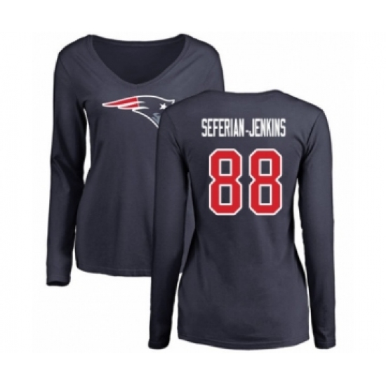 Football Women's New England Patriots #88 Austin Seferian-Jenkins Navy Blue Name & Number Logo Slim Fit Long Sleeve T-Shirt - Jersey