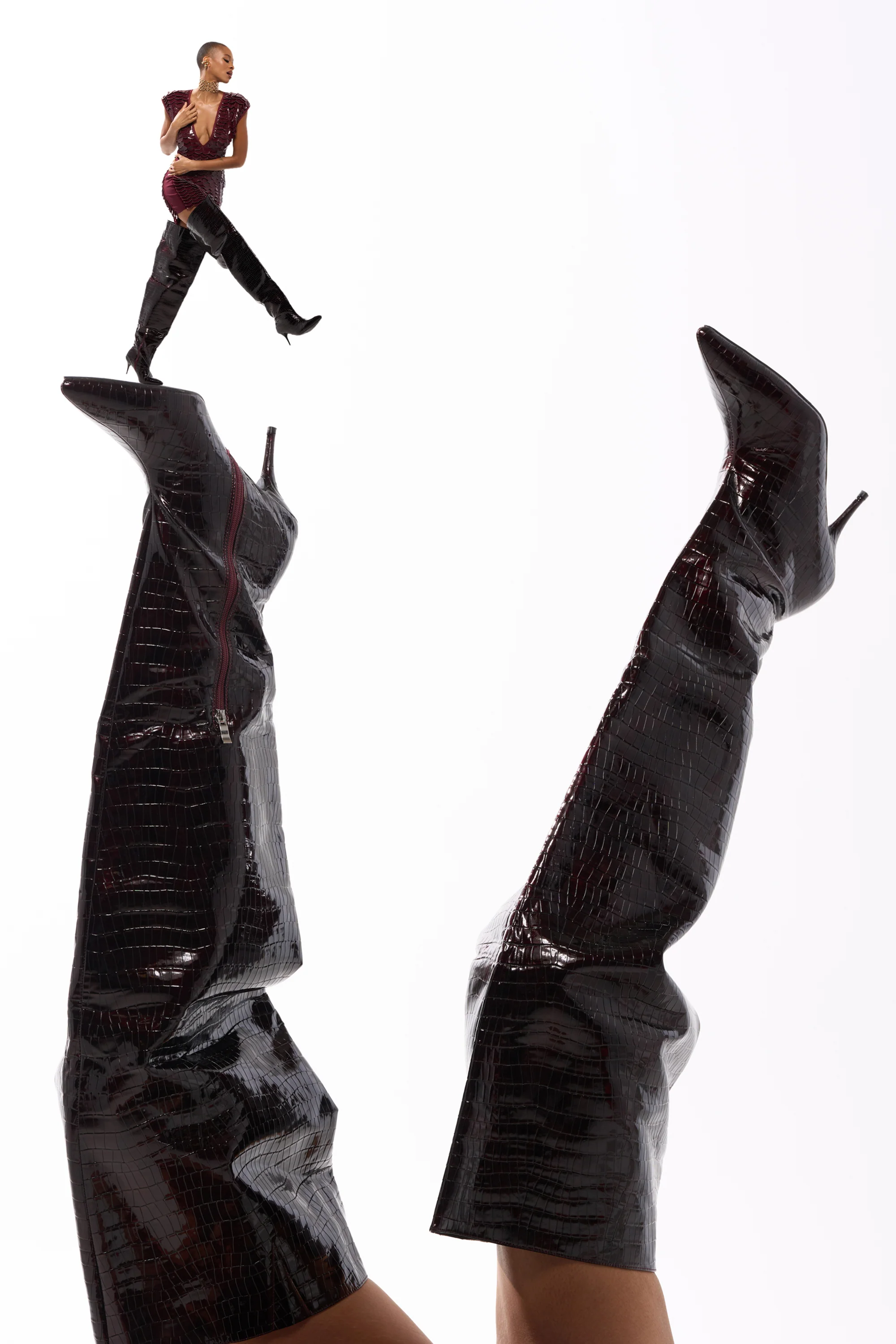AZALEA WANG HALINA BURGUNDY CROC STILETTO BOOT - Akira Wear