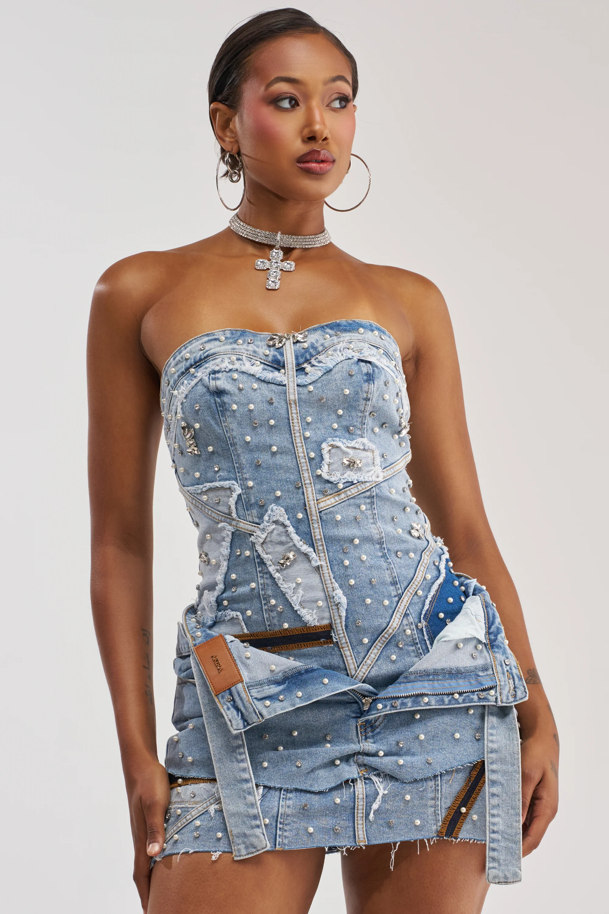 THIS IS MY CALLING EMBELLISHED DENIM MINI DRESS - Akira Wear