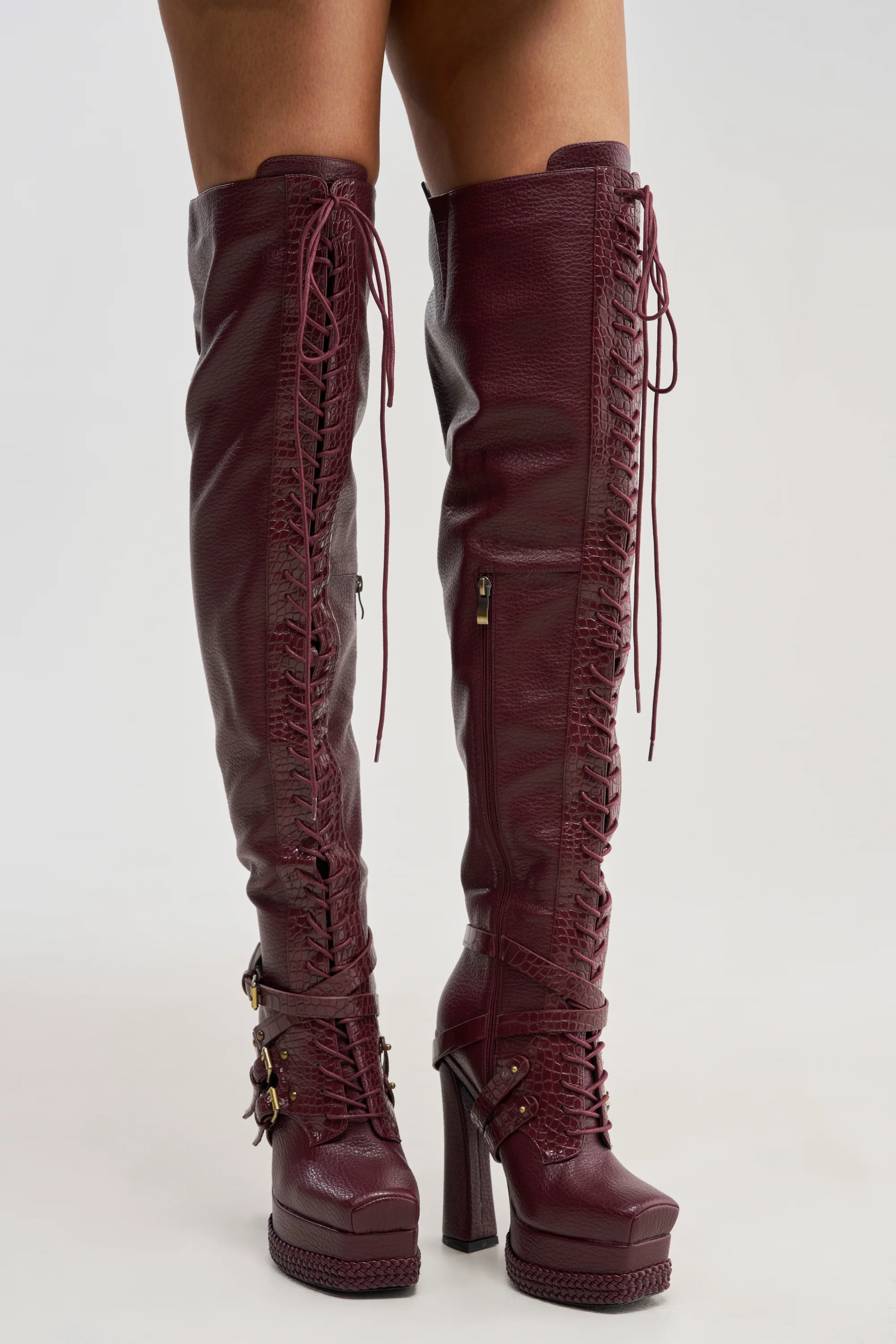 AKIRA GOLD BLITZEN BURGUNDY THIGH HIGH PLATFORM CROC BOOT - Akira Wear