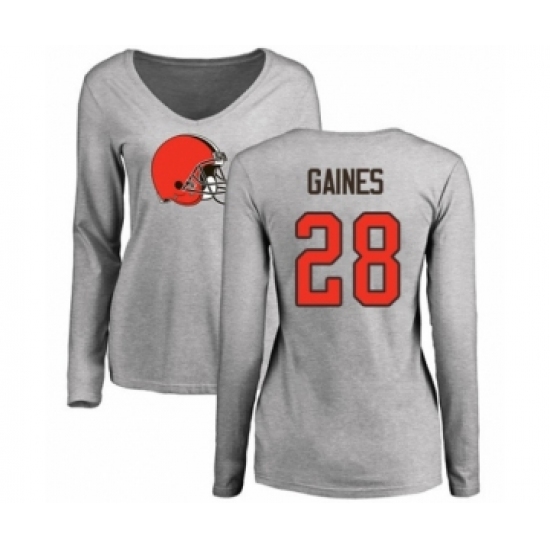 Football Women's Cleveland Browns #28 Phillip Gaines Ash Name & Number Logo Long Sleeve T-Shirt - Jersey