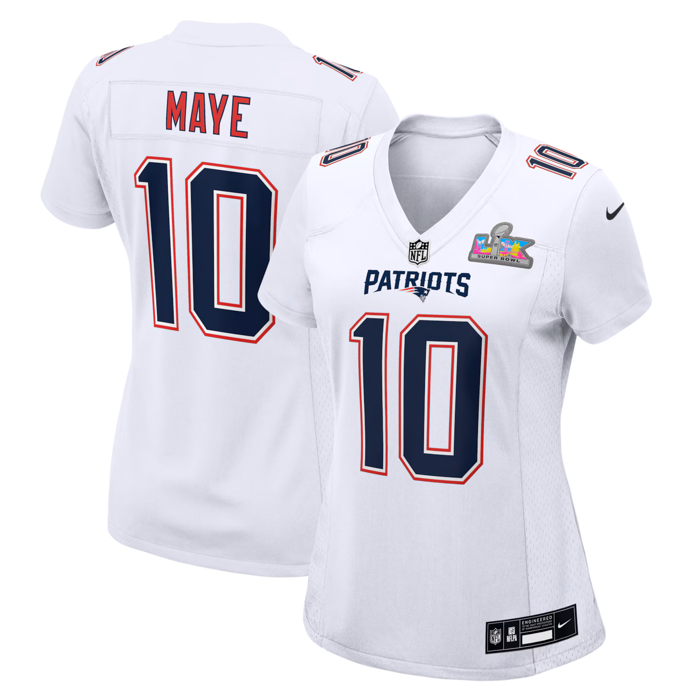 Women's New England Patriots Drake Maye Nike White Super Bowl LX Patch Tundra Fashion Game Jersey - Jersey