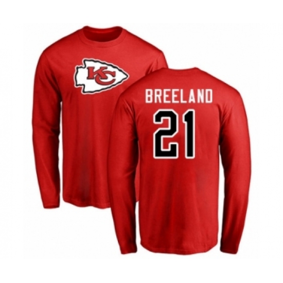 Football Kansas City Chiefs #21 Bashaud Breeland Red Name & Number Logo Long Sleeve T-Shirt - Jersey