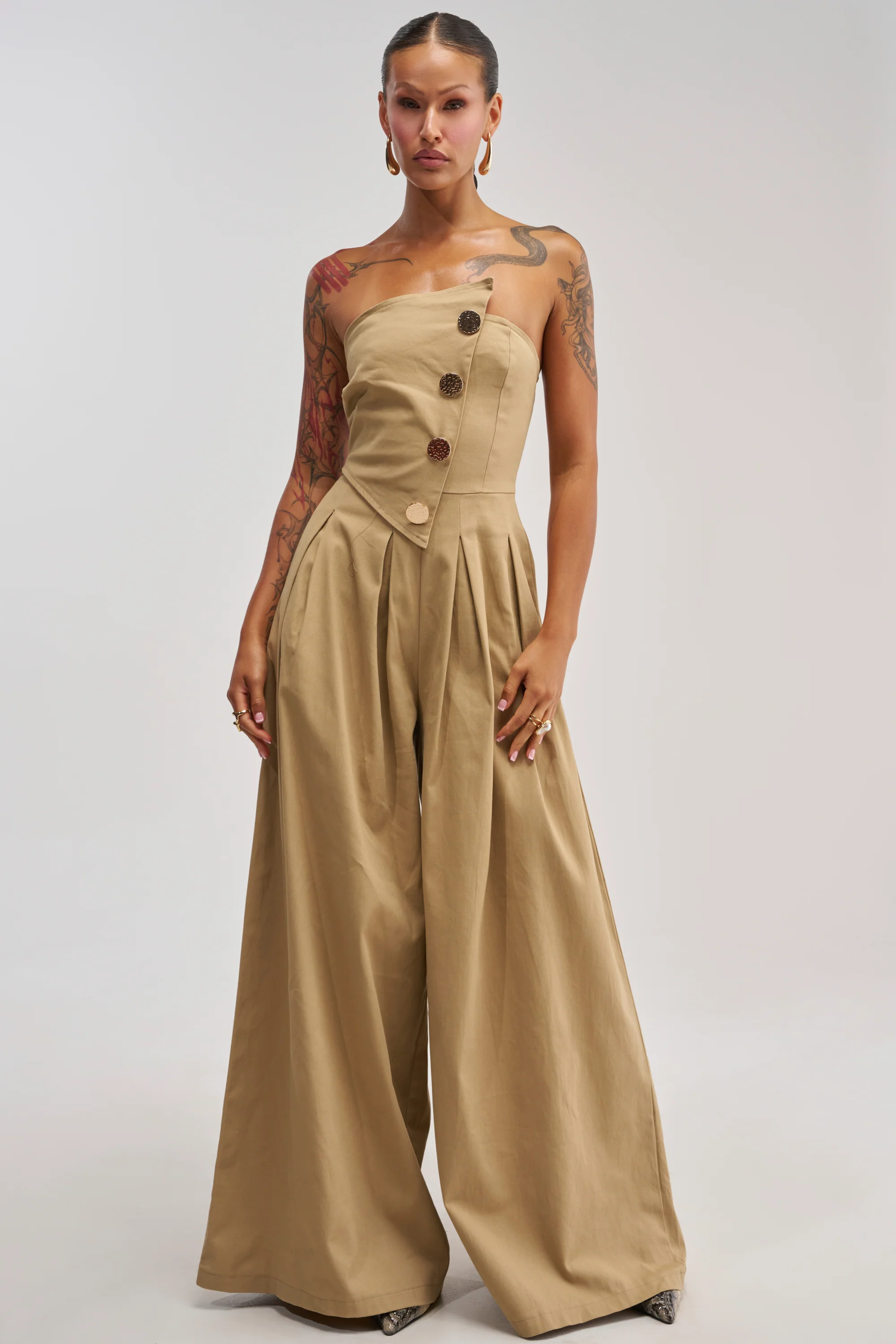 MILANO WOVEN JUMPSUIT IN KHAKI - Akira Wear