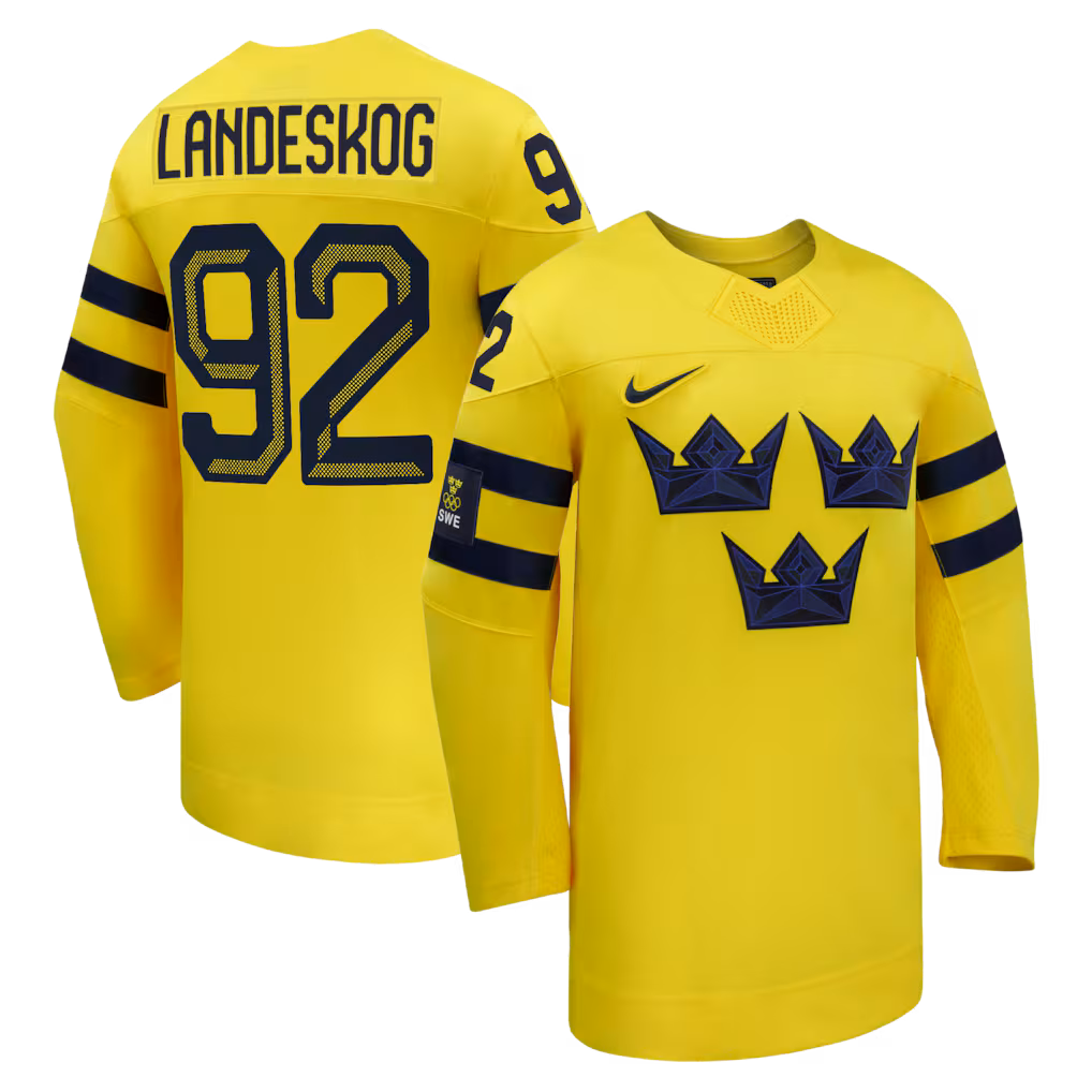 Men's Sweden Hockey Gabriel Landeskog Nike Yellow 2026 Away Replica Jersey - Jersey