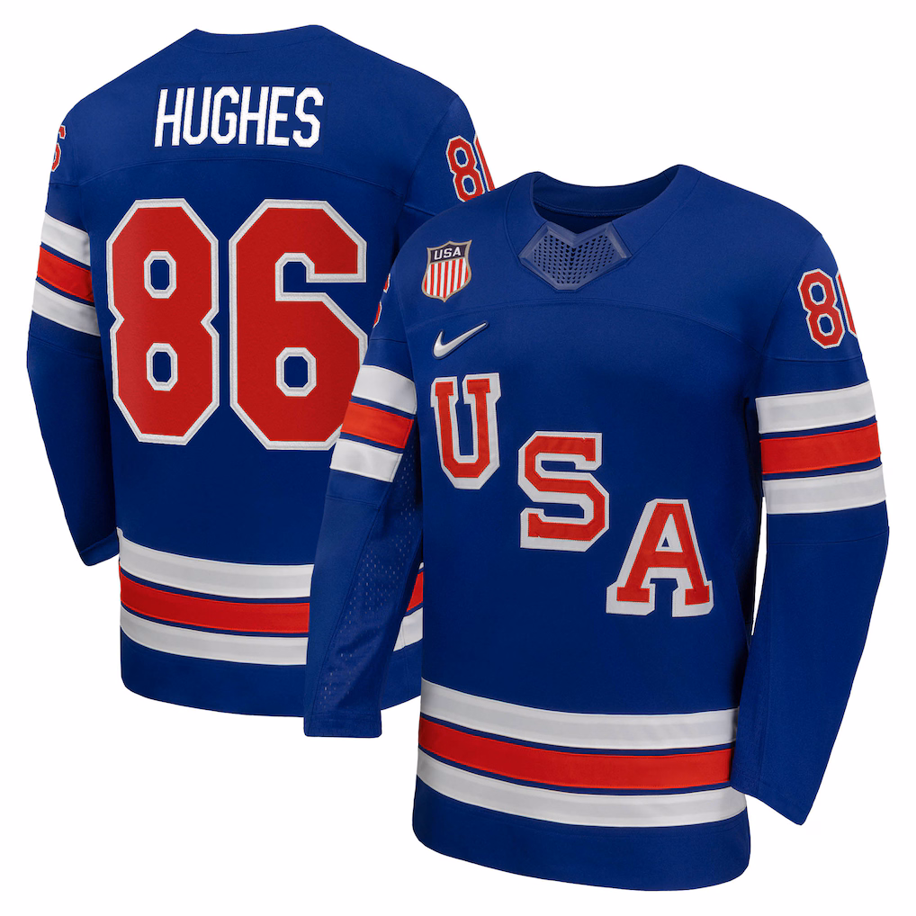 Men's Jack Hughes Nike Royal US Hockey 2026 Home Replica Jersey - Jersey