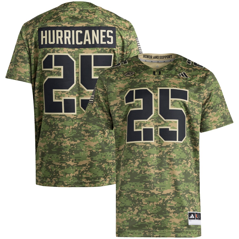 Men's adidas #25 Camo Miami Hurricanes Honor & Support Premier Strategy Jersey - Jersey