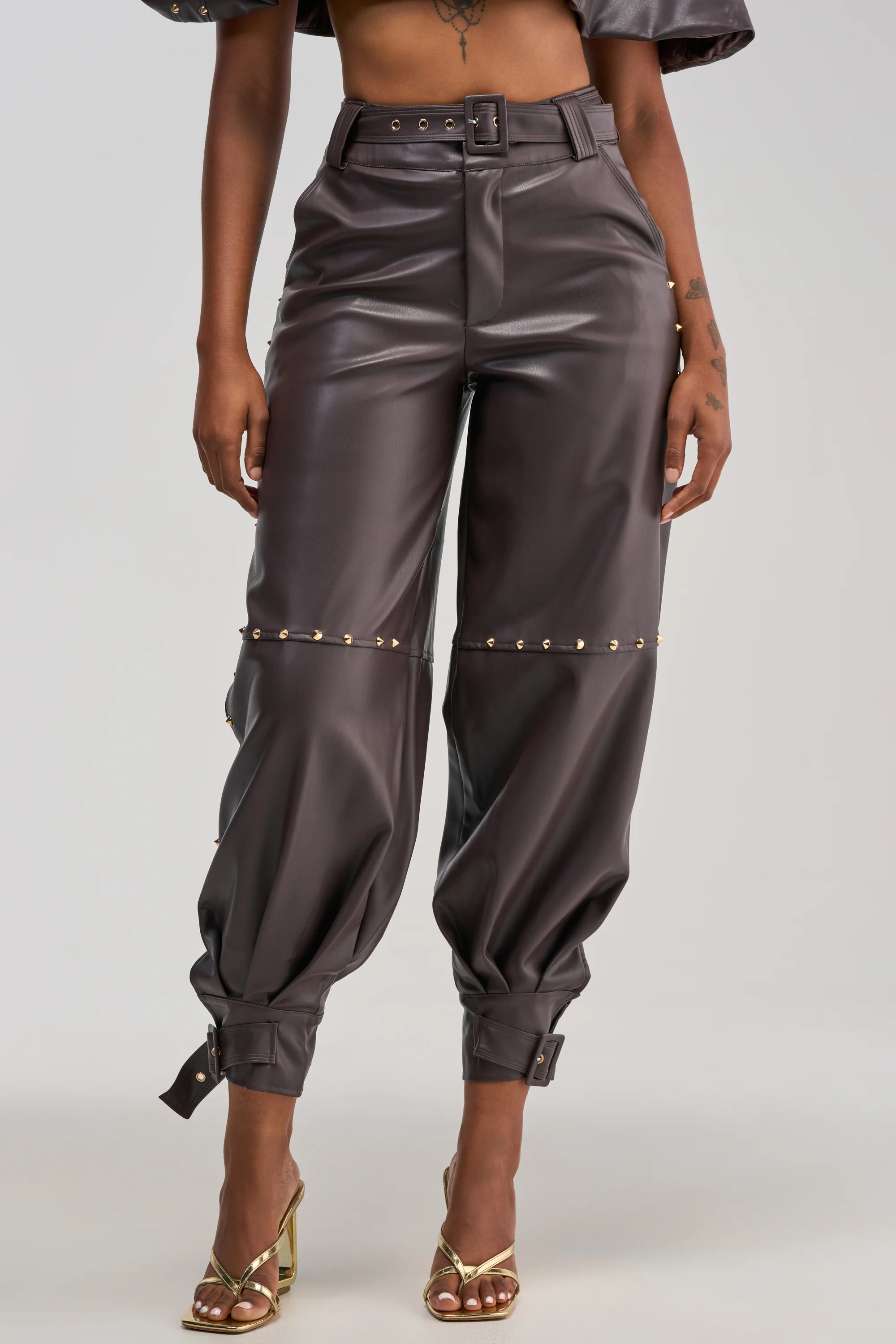 STUDDED FAUX LEATHER BELTED PANT IN DARK CHOCOLATE - Akira Wear