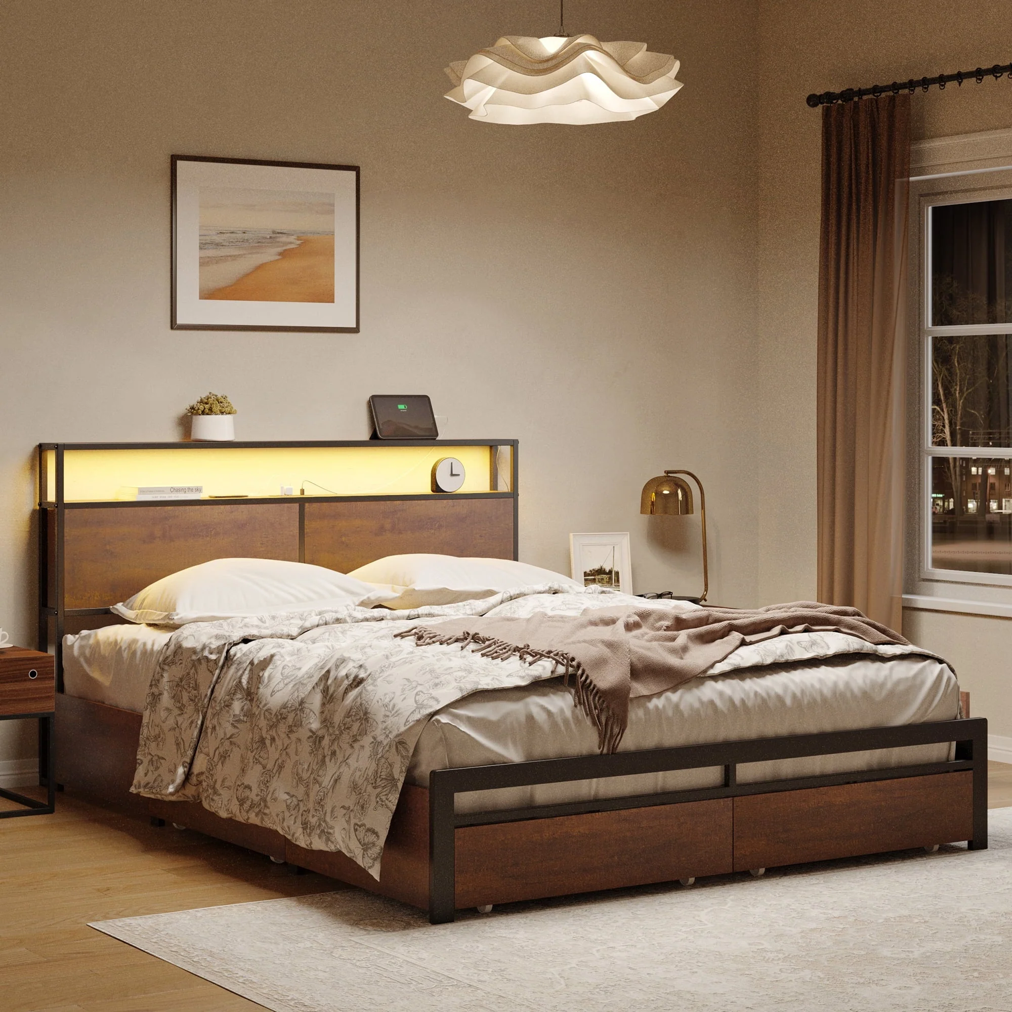 HAUSOURCE Queen Size Bed Frame with Headboard and 4 Storage Drawers LED Platform Bed Frame with Charging Station Rustic Brown
