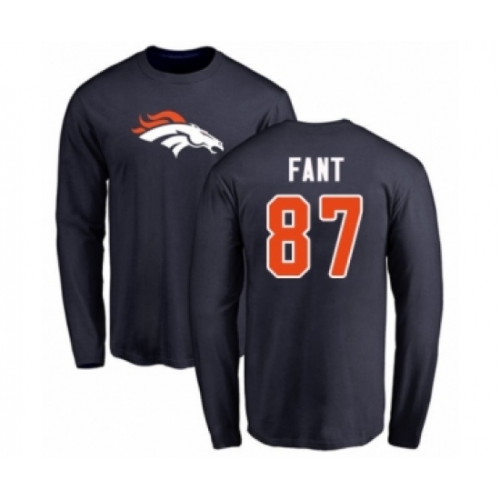 Football Denver Broncos #87 Noah Fant Navy Blue Name & Number Logo Long Sleeve T-Shirt - Jersey