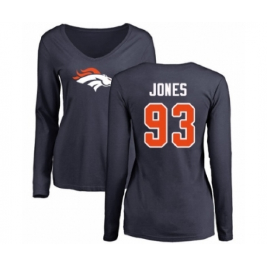 Football Women's Denver Broncos #93 Dre'Mont Jones Navy Blue Name & Number Logo Long Sleeve T-Shirt - Jersey