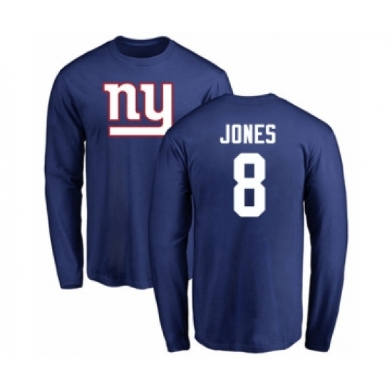 Football New York Giants #8 Daniel Jones Royal Blue Name & Number Logo Long Sleeve T-Shirt - Jersey