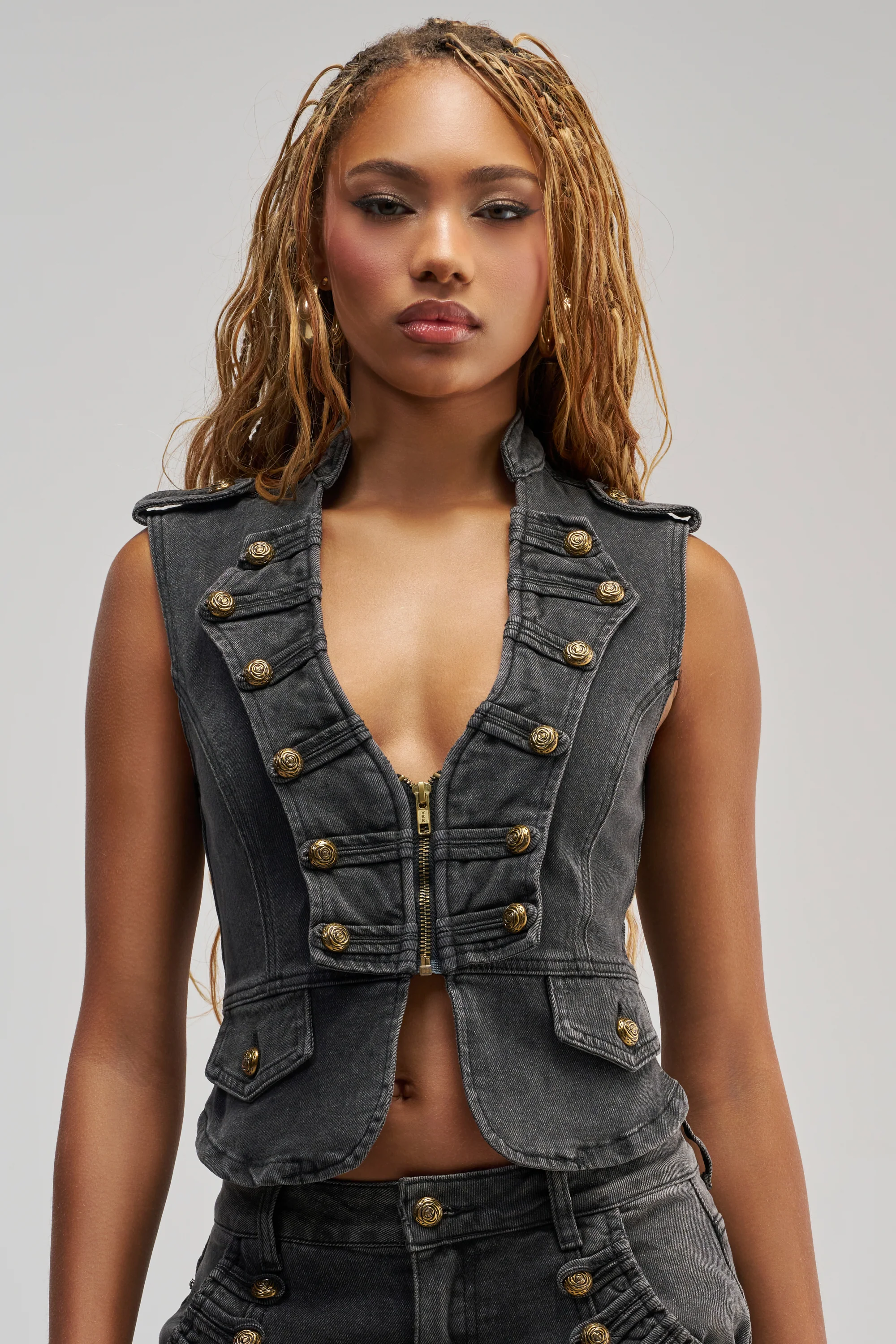 AHEAD OF THE CURVE MILITARY DENIM TOP - Akira Wear