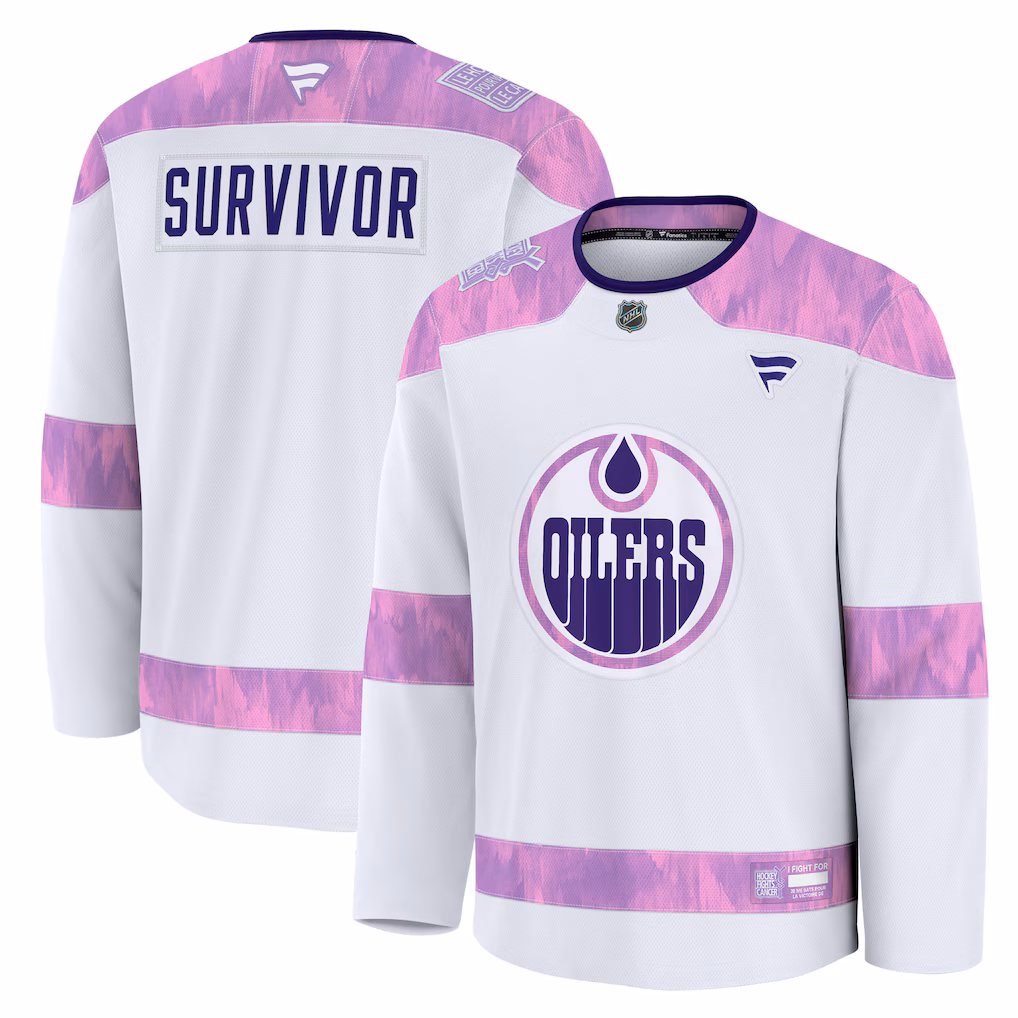 Men's Edmonton Oilers Fanatics White Hockey Fights Cancer Survivor Practice Jersey - Jersey