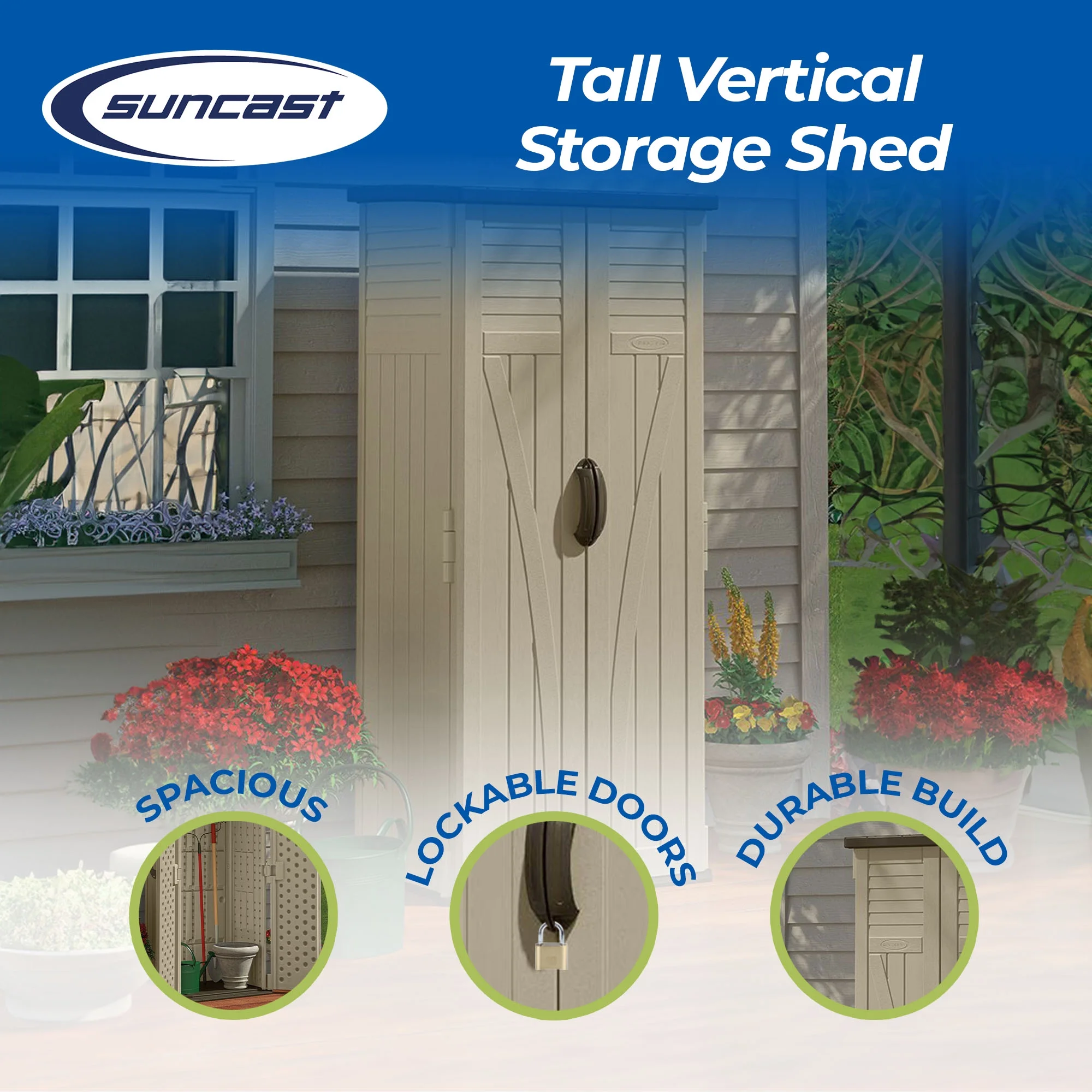 Suncast 22 Cubic Feet All-Weather Vertical Tall Outdoor Storage Shed, Brown