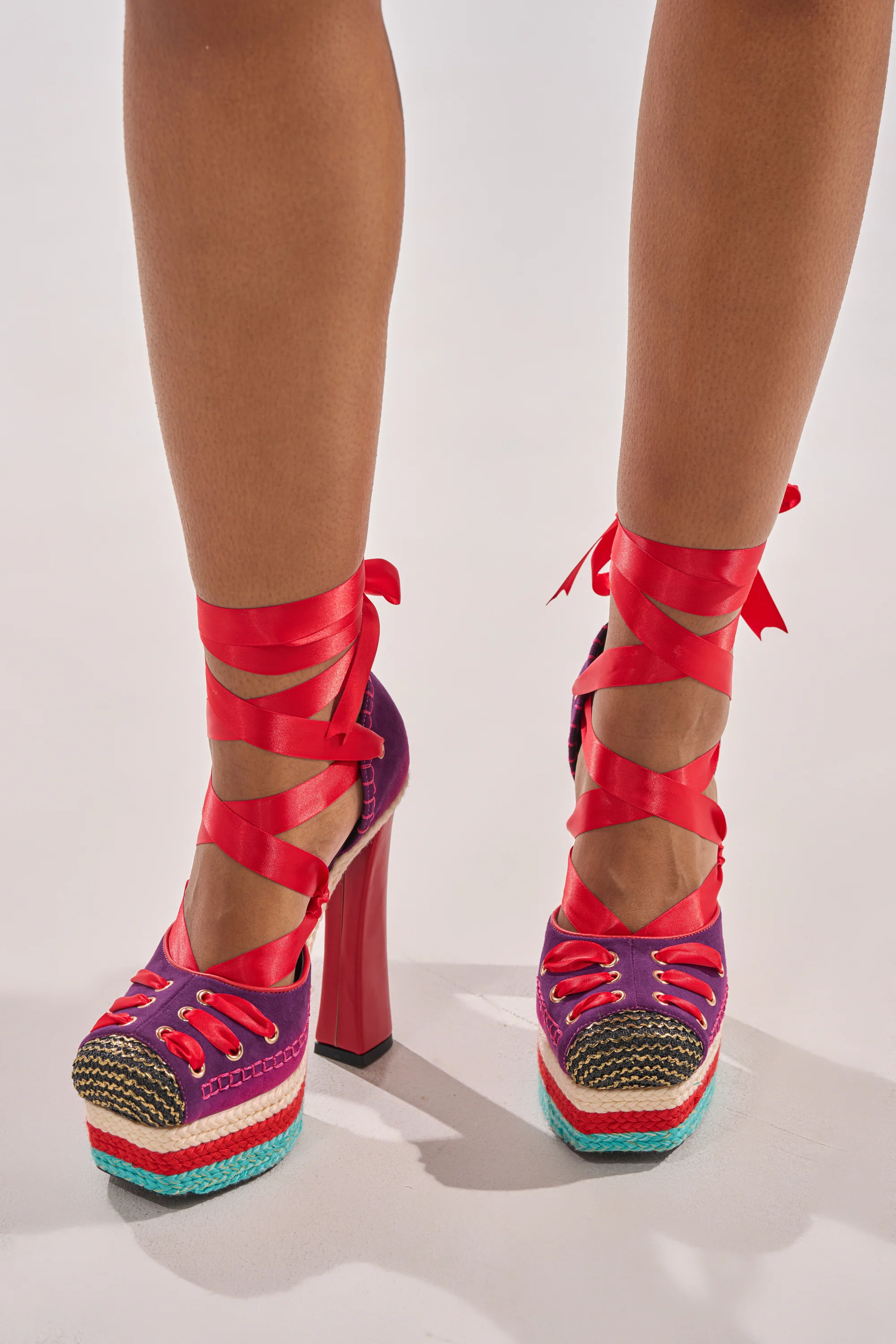 AKIRA GOLD FONTEYN RED MULTI CHUNKY PLATFORM LACE UP PUMP - Akira Wear