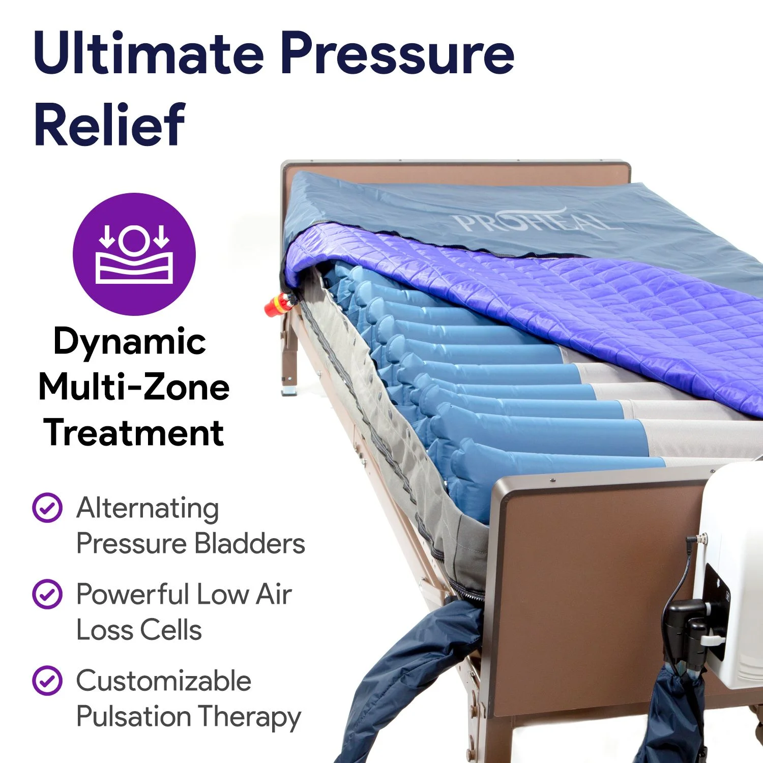Proheal Bariatric True Low Air Loss Alternating Pressure Air Mattress with Pump & Raised Rails - Stages I-IV - 36” x 80” x 8”/11