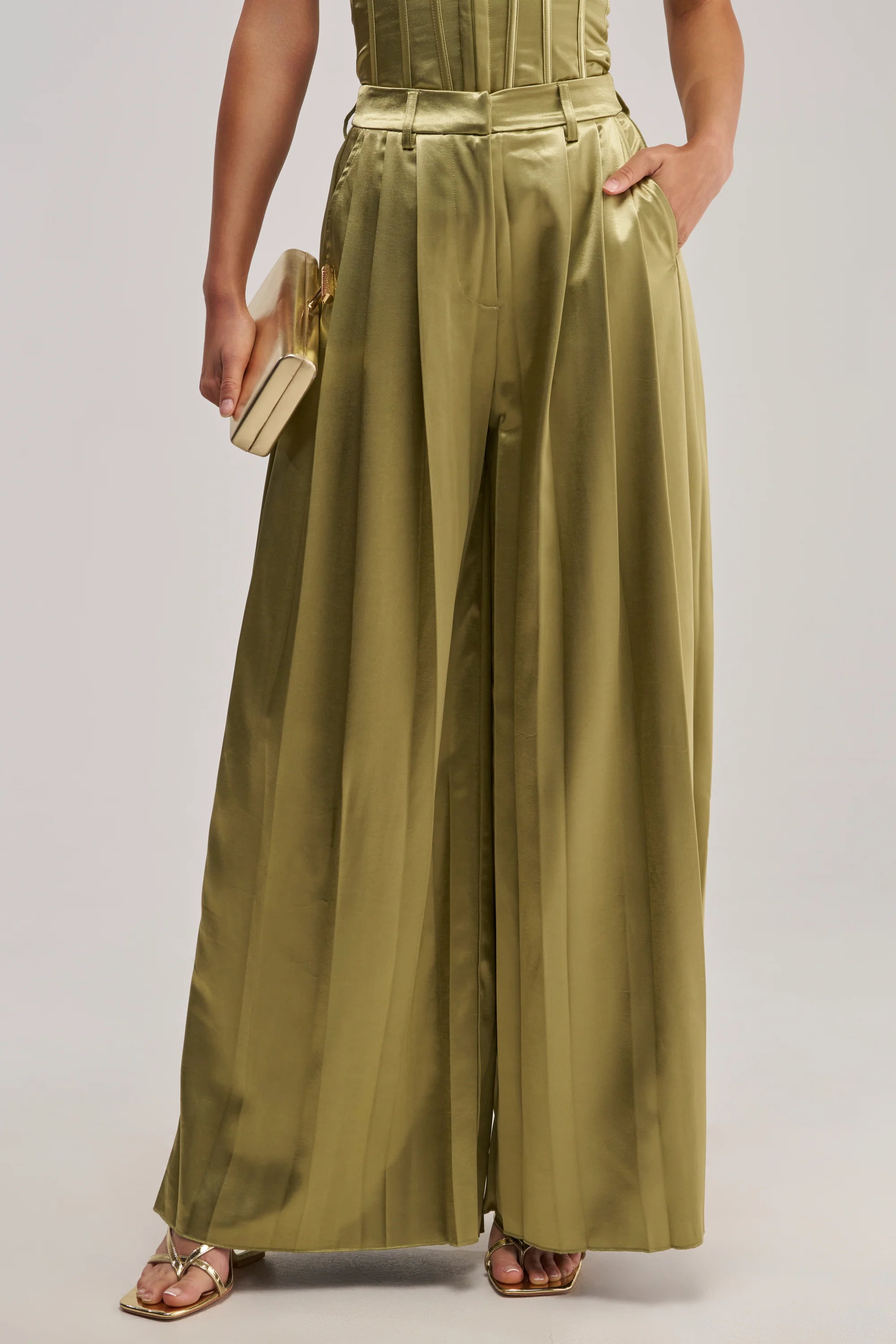 IRIS SATIN PLEATED PANT IN OLIVE - Akira Wear