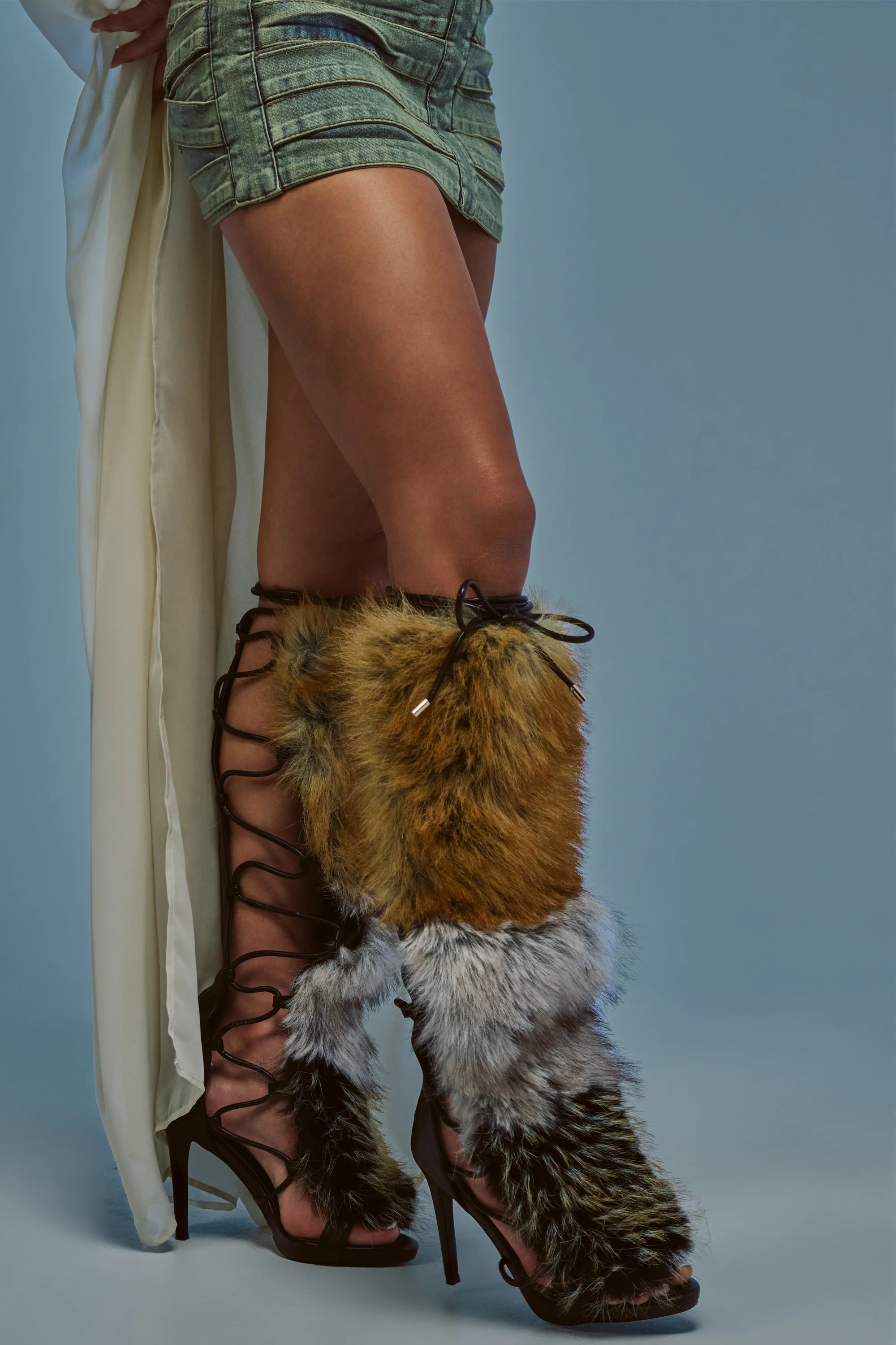AZALEA WANG STAMOS BLACK MULTI FUR GLADIATOR STILETTO SANDAL - Akira Wear