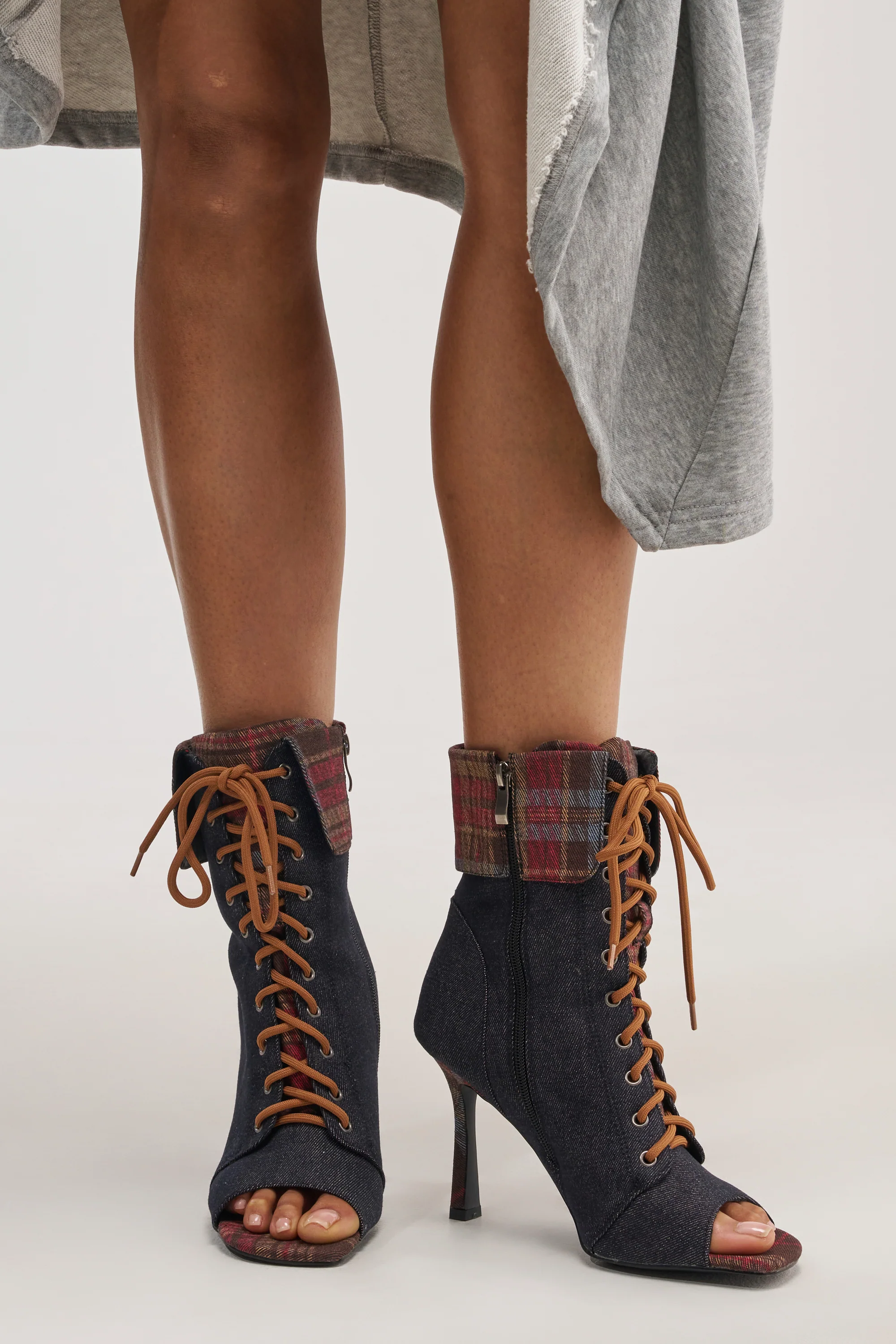 AZALEA WANG KYLAN DENIM PATCHWORK OPEN TOE BOOTIE - Akira Wear