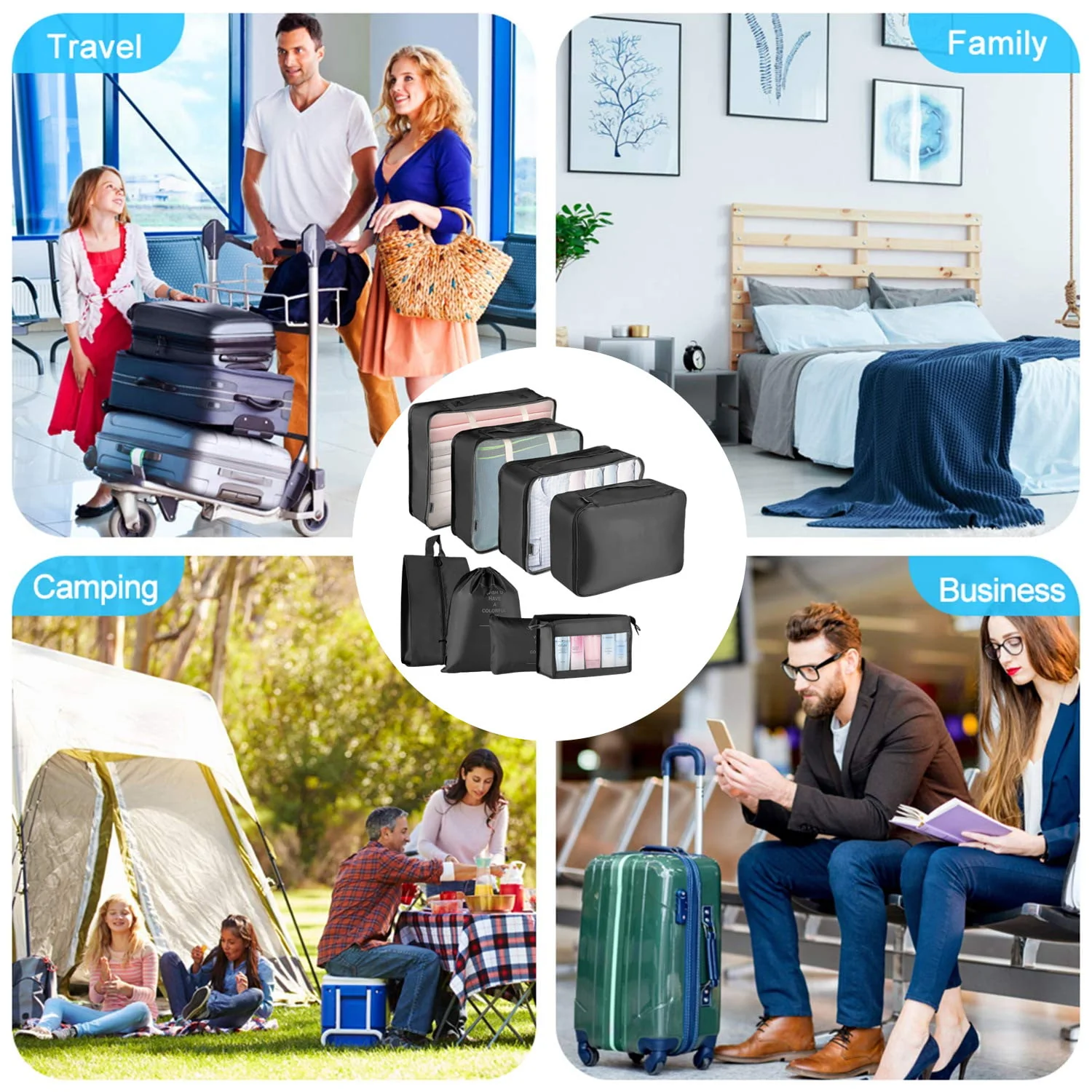 Koovon Packing Cubes for Travel, 8Pcs Travel Cubes Set Foldable Suitcase Organizer Lightweight Luggage Storage Bag, Black