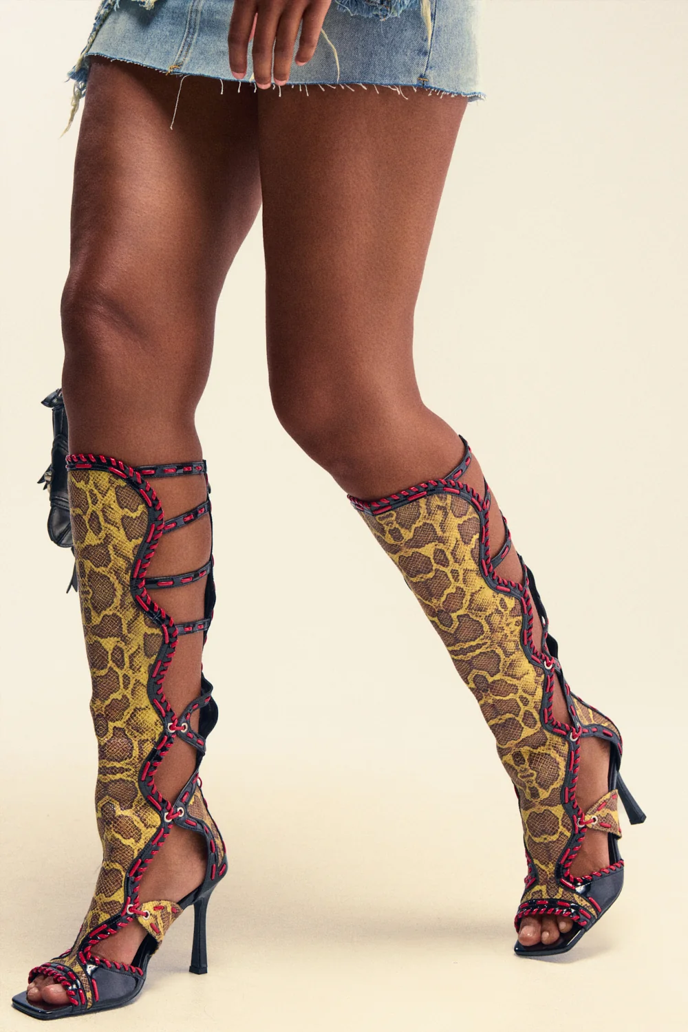 AZALEA WANG INDRANI HIGH SHAFT YELLOW SNAKE PRINT GLADIATOR SANDAL - Akira Wear