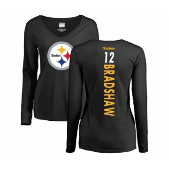 Football Women's Pittsburgh Steelers #12 Terry Bradshaw Black Backer Slim Fit Long Sleeve T-Shirt - Jersey
