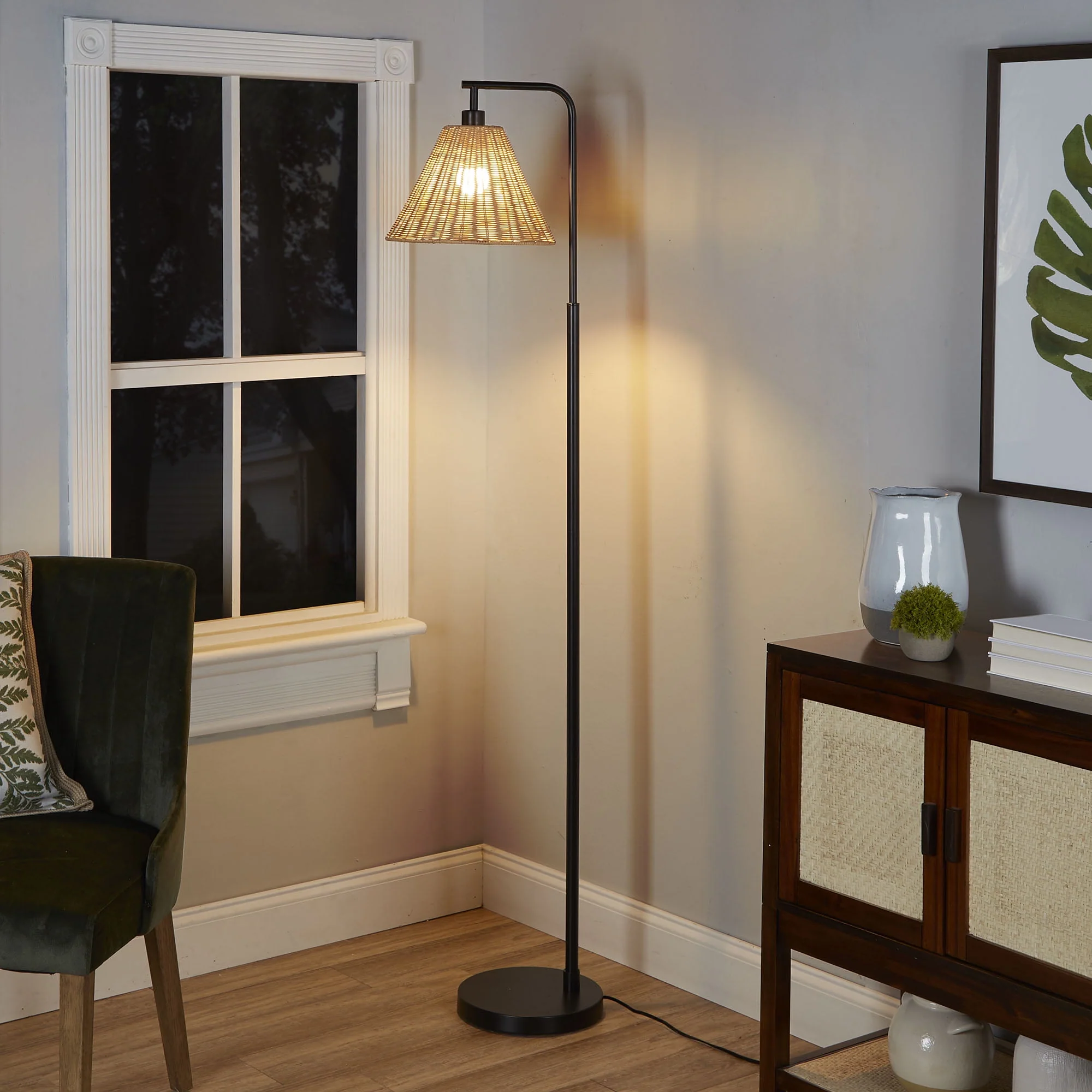 Better Homes & Gardens Black Metal Floor Lamp with Rattan Shade