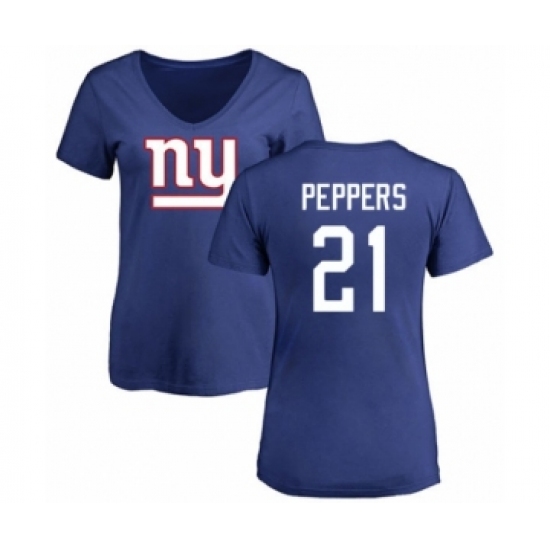 Football Women's New York Giants #21 Jabrill Peppers Royal Blue Name & Number Logo T-Shirt - Jersey