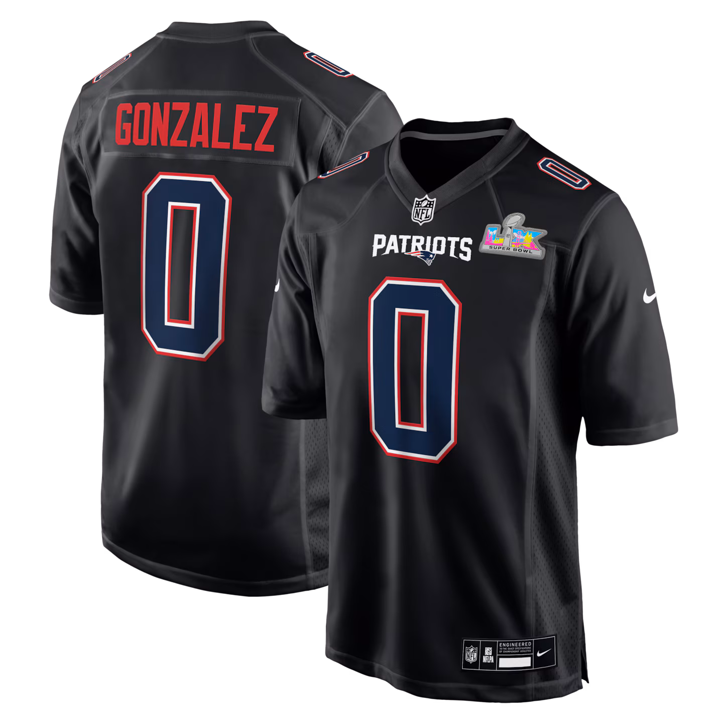 Men's New England Patriots Christian Gonzalez Nike Black Super Bowl LX Patch Carbon Fashion Game Jersey - Jersey
