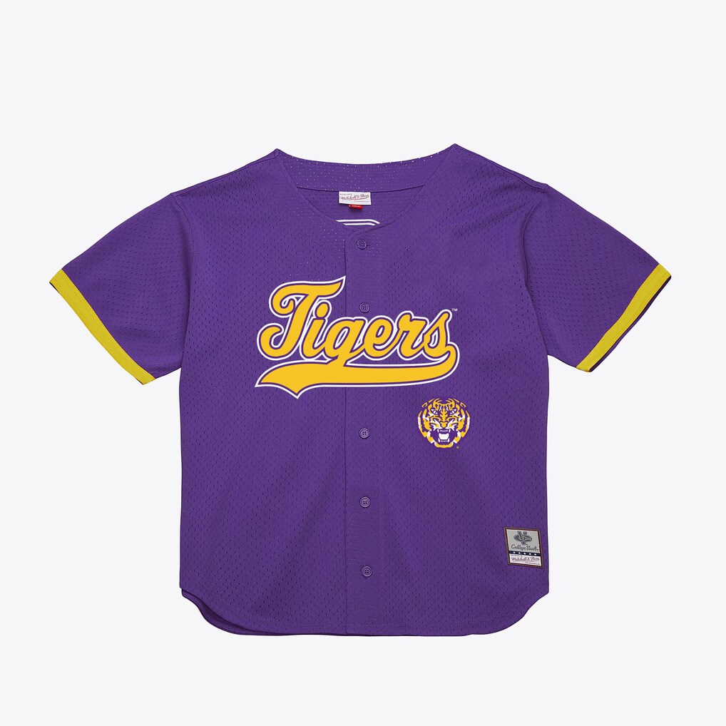 Men's Mitchell & Ness Purple LSU Tigers Mesh Button-Up Batting Practice Baseball Jersey - Jersey