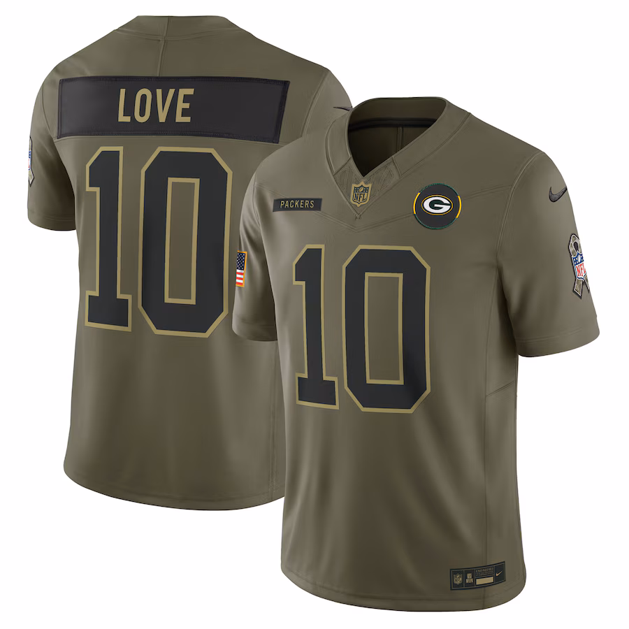 Men's Green Bay Packers Jordan Love Nike Olive 2025 Salute to Service Limited Jersey - Jersey