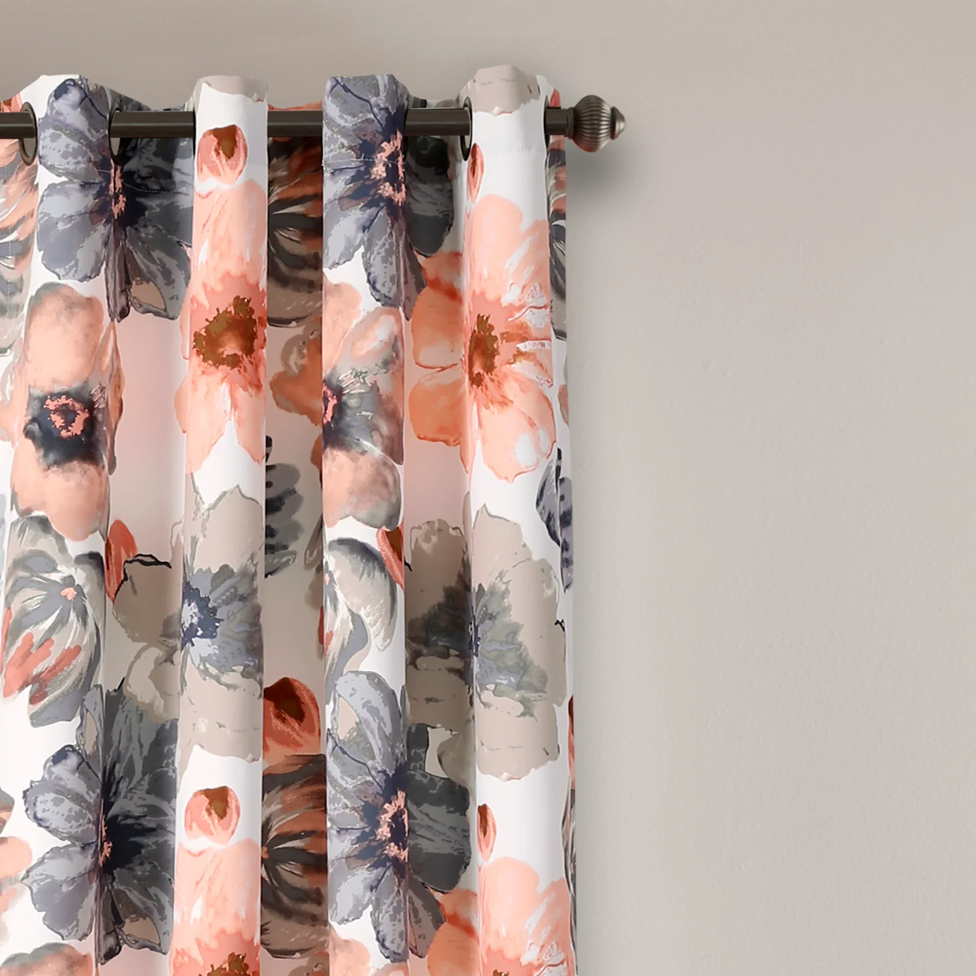 Lush Decor Leah Classic Floral Print Room Darkening Metal Grommets Window Curtain Panel, Coral/Gray, 84