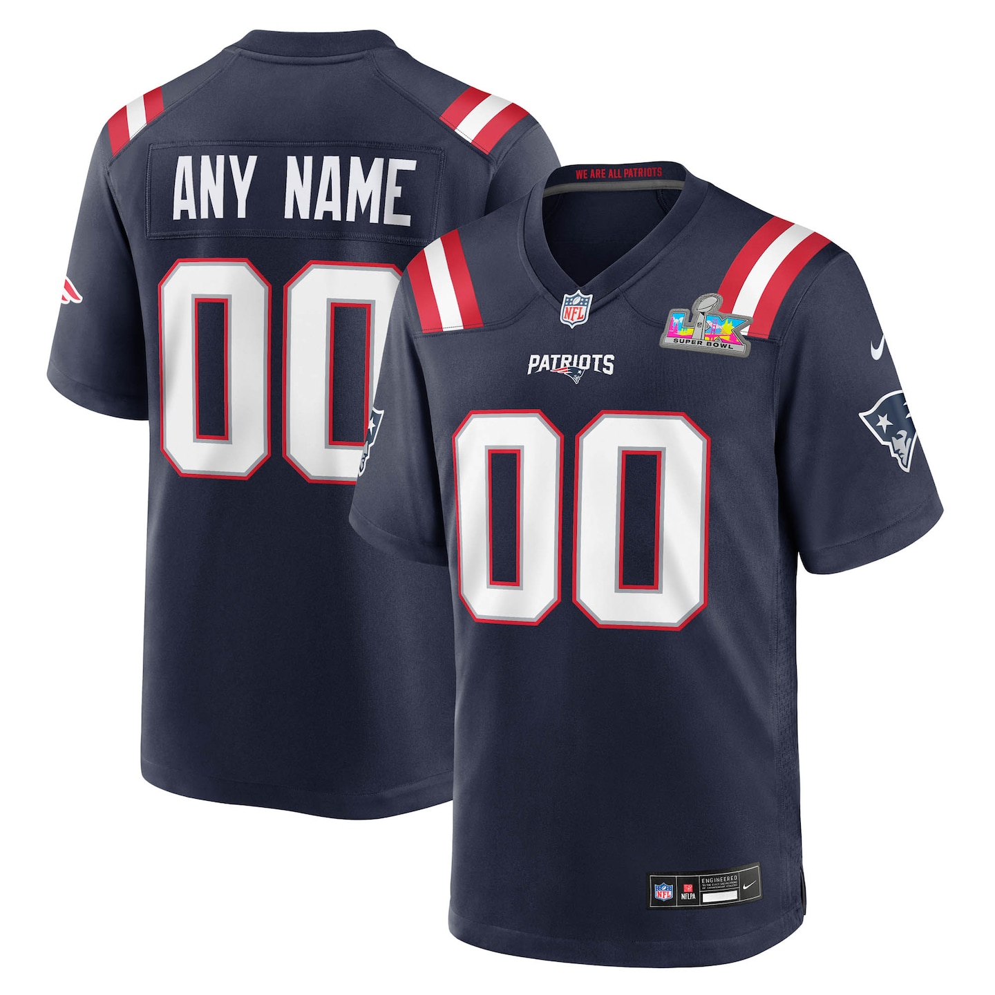 Men's New England Patriots Nike Navy Super Bowl LX Patch Custom Game Jersey - Jersey