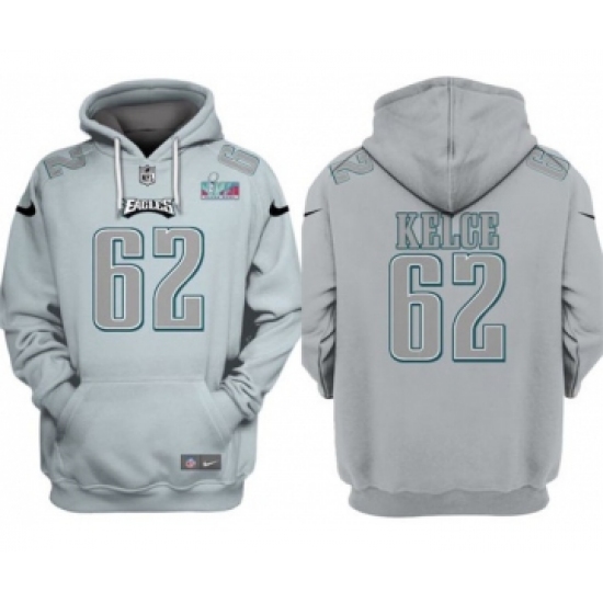 Men's Philadelphia Eagles #62 Jason Kelce Gray Atmosphere Fashion Super Bowl LVII Patch Pullover Hoodie - Jersey