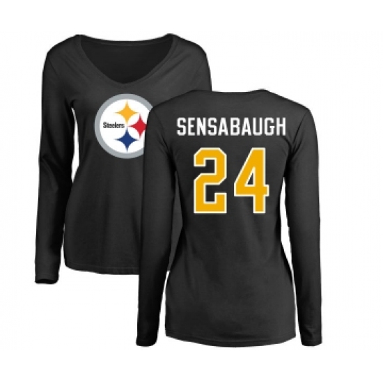 Football Women's Pittsburgh Steelers #24 Coty Sensabaugh Black Name & Number Logo Slim Fit Long Sleeve T-Shirt - Jersey