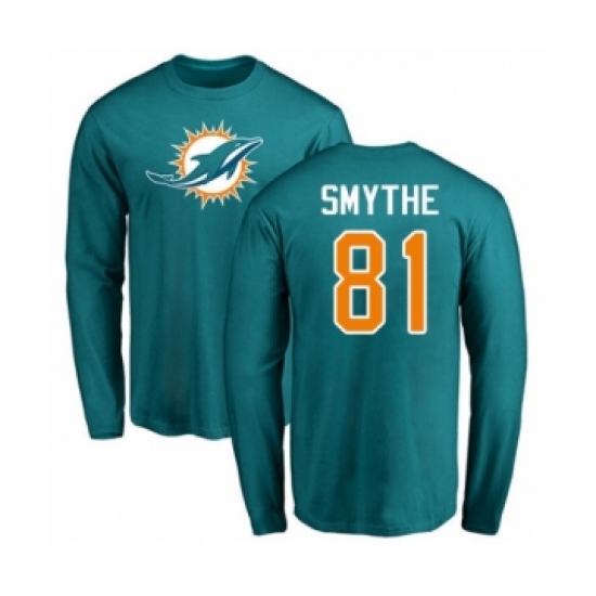 Football Miami Dolphins #81 Durham Smythe Aqua Green Name & Number Logo Long Sleeve T-Shirt - Jersey