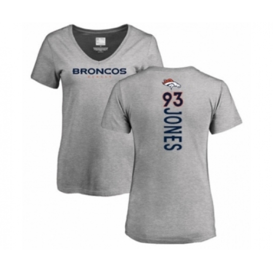 Football Women's Denver Broncos #93 Dre'Mont Jones Ash Backer V-Neck T-Shirt - Jersey