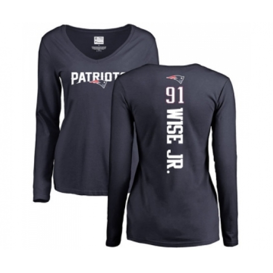 Football Women's New England Patriots #91 Deatrich Wise Jr Navy Blue Backer Slim Fit Long Sleeve T-Shirt - Jersey