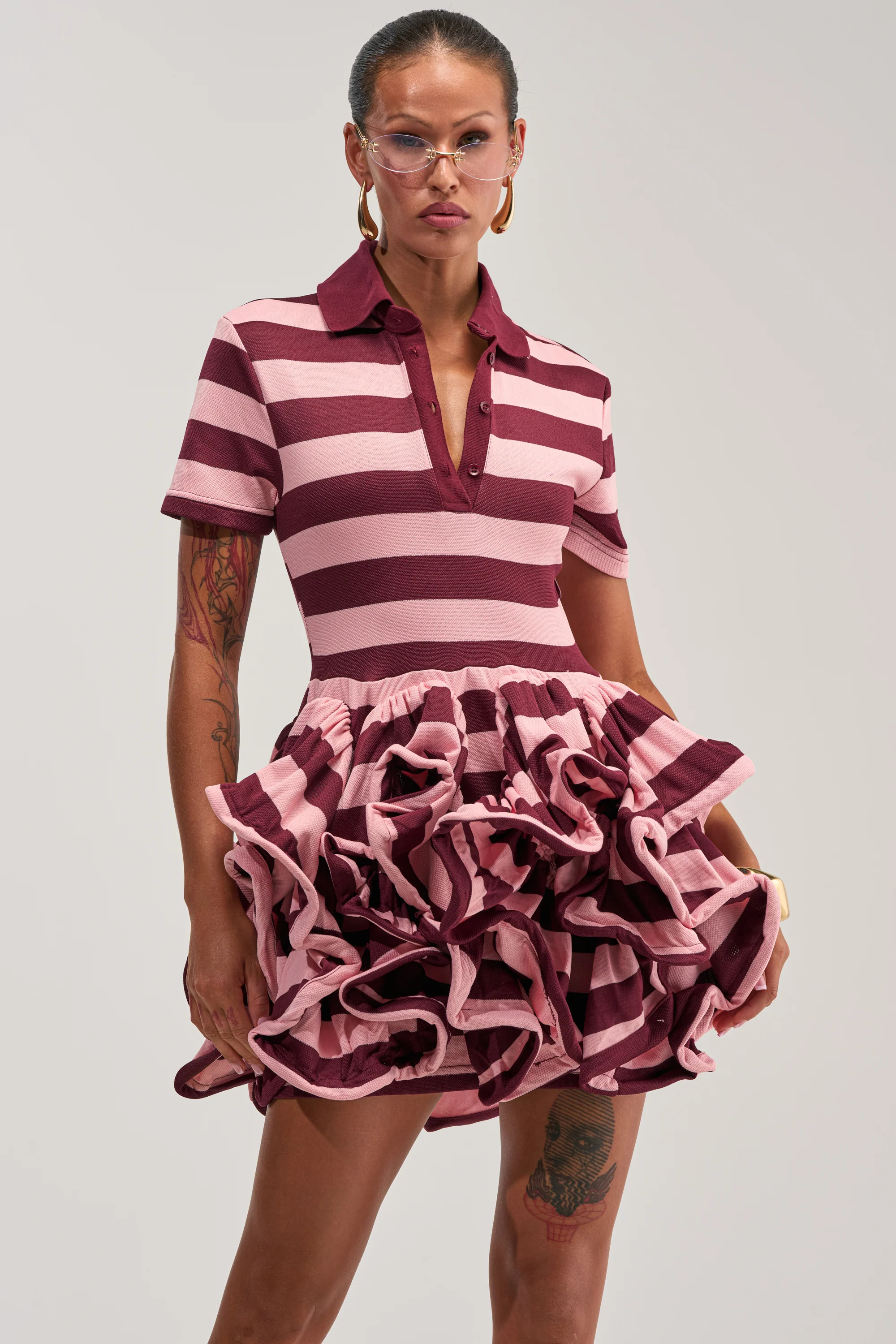 OFFICE SIREN STRIPED SHIRT DRESS IN BURGUNDY - Akira Wear