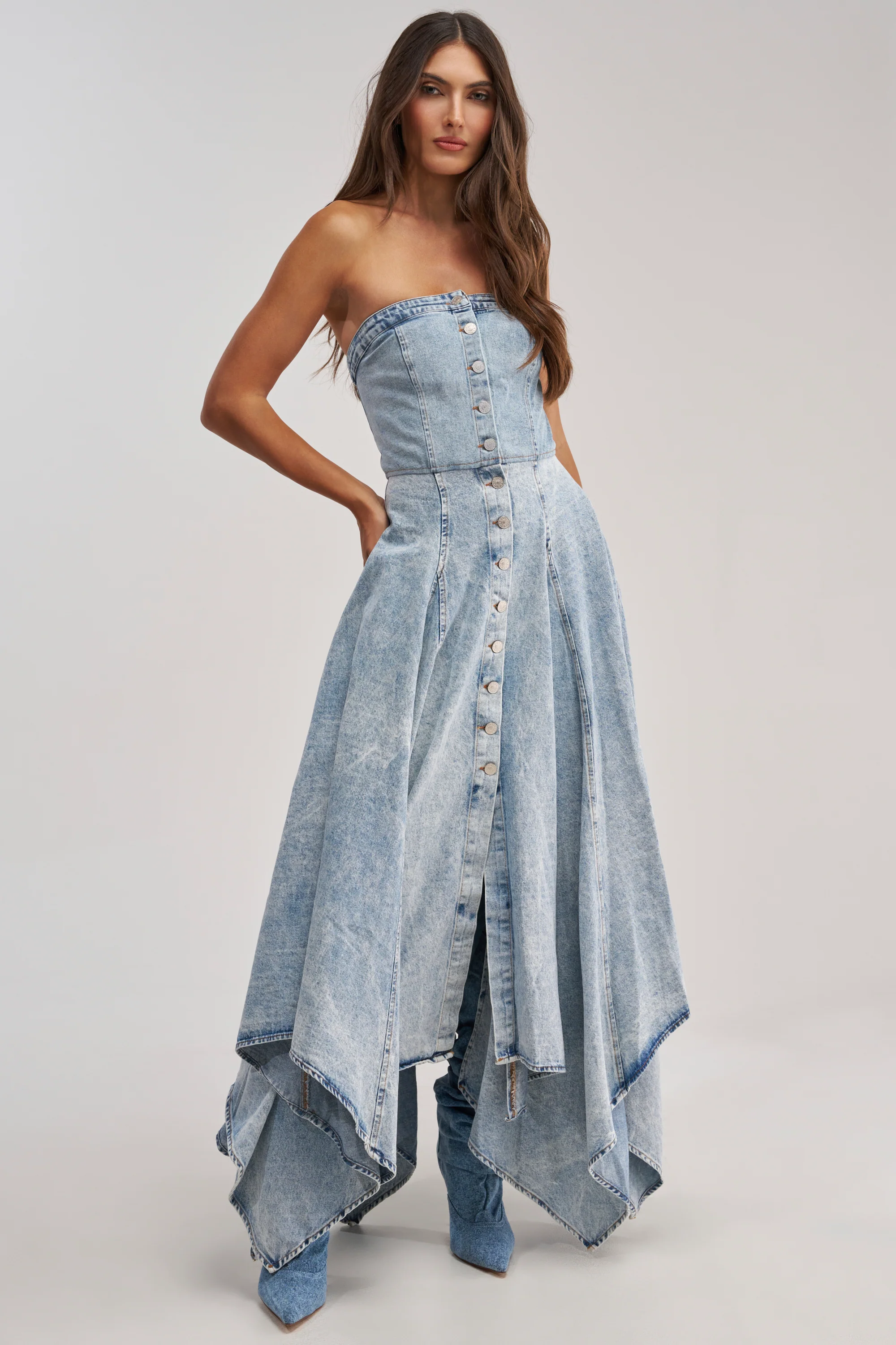 MISS ME YET STRAPLESS DENIM MIDI DRESS - Akira Wear