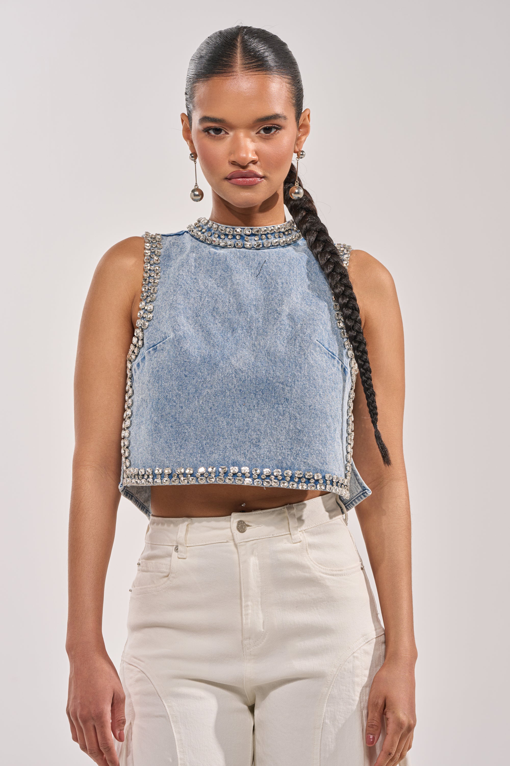 POPPING OUT RHINESTONE DENIM BLOUSE - Akira Wear