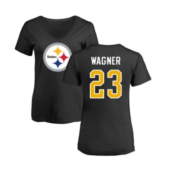 Football Women's Pittsburgh Steelers #23 Mike Wagner Black Name & Number Logo Slim Fit T-Shirt - Jersey