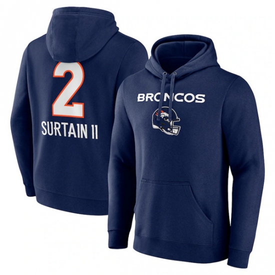 Men's Denver Broncos #2 Pat Surtain II Navy Team Wordmark Name & Number Pullover Hoodie - Jersey