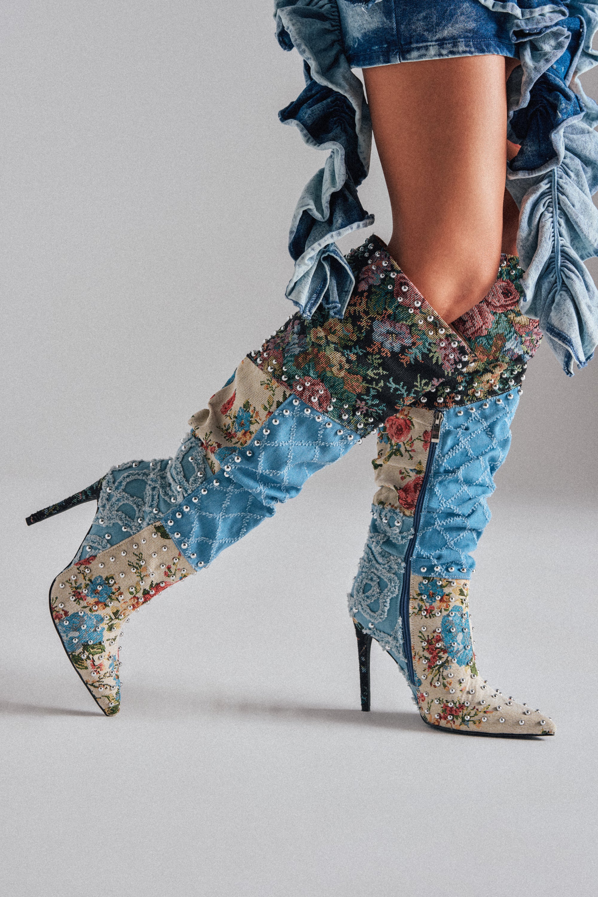 AZALEA WANG AILA DENIM MULTI STUDDED POINTED TOE STILETTO BOOT - Akira Wear